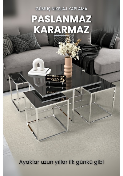 MİLAN 5 Parça Gümüş Zigon Sehpa Takımı Orta Sehpa Yan Sehpa siyah Cam Kurulu Hediye 75x75 MİLAN 5 Parça Gümüş Zigon Sehpa Takımı Orta Sehpa Yan Sehpa siyah Cam Kurulu Hediye 75x75