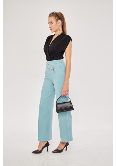 Lovelf Kare Düğme Bol Paça Pantolon Mint Yeşili Mint Yeşili