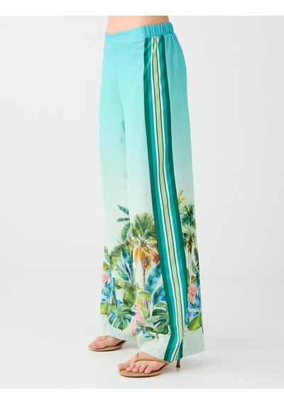 Jimmy Key Mint Yeşili Tropikal Desenli Şerit Detaylı Saten Pantolon 6sw187491332