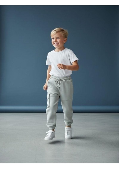 Zekids Erkek Çocuk Beli Paçası Lastikli Kargo Cepli Eşofman Alt-16622 Gri