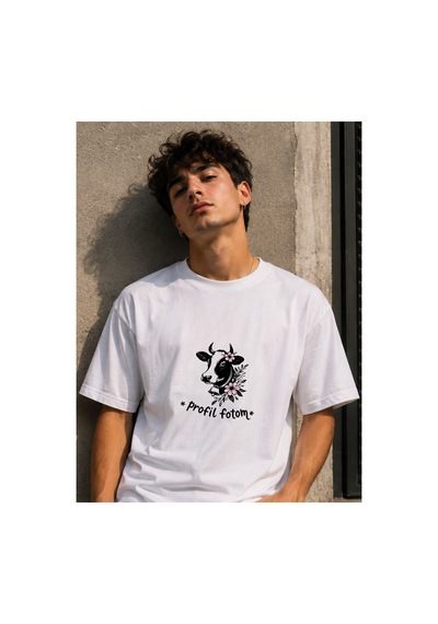 Qmen Style Unisex Beyaz Oversize Baskılı T-shirt Espirili İnek Baskılı %100 Pamuk