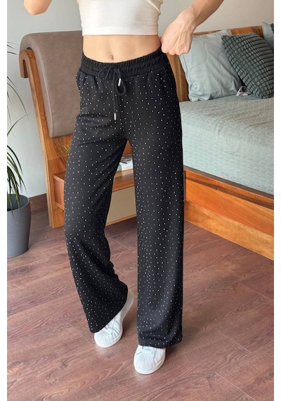 Pera Aksesuar Geniş Paça Siyah Beli Lastikli Taşlı Pantolon Siyah Siyah