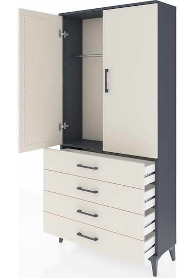 Arges Dolap Tek Raflı 4 Çekmeceli Tek Askılı 88x30x182 Antrasit-aytaşı Antrasit