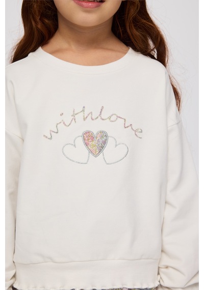 Panço Liberty Kumaş Nakışlı Kız Çocuk Sweatshirt Beyaz