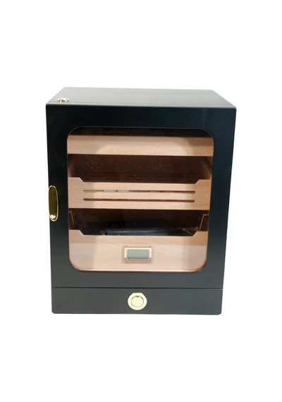 Premiumquality Las Condes Aksesuar Çekmeceli İçi Ledli Siyah Sedir Humidor Puro Kutusu - Tr9827
