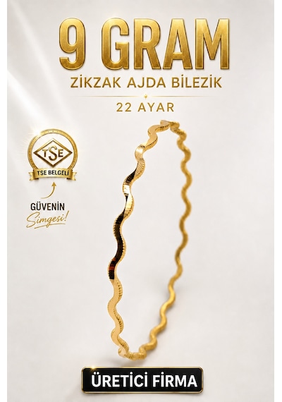 22 Ayar Tse Belgeli 9 Gram Zikzak Ajda Altın İşçiliksiz Bilezik Gold Nişan Düğün