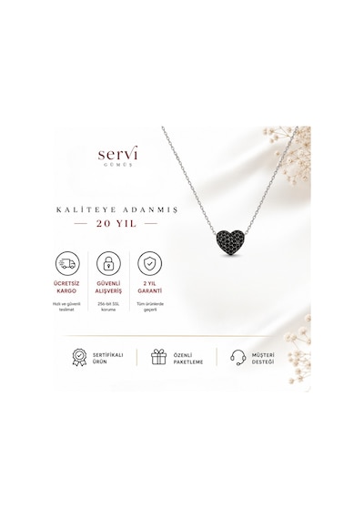 Servi 925 Ayar Gümüş Midnight Love Siyah Zirkon Taşlı Kalp Figürlü Kolye-541