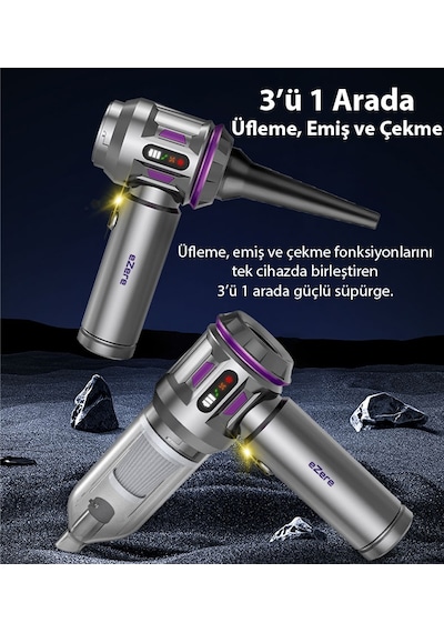 EZERE StormVac 20000Pa Güçlü Dijital Göstergeli Vakumlu Kablosuz Üflemeli Mini Araç Süpürgesi