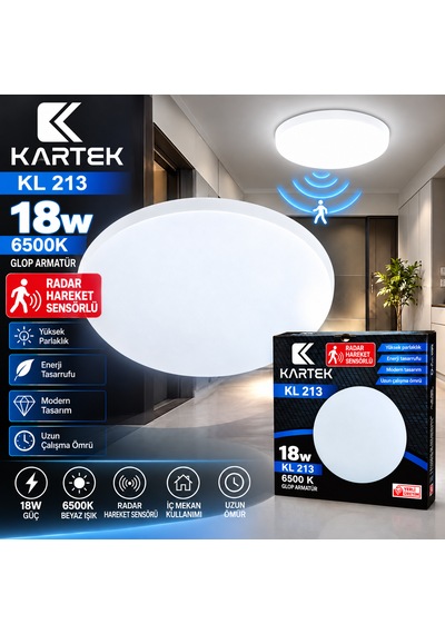 5'li Paket Kartek Kl 212 18w Radar Hareket Sensörlü Led Glop Armatür 6500k Beyaz Işık Sıva Üstü Yuvarlak Tavan Lambası