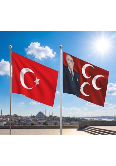 Alparslan Türkeş Ve 3 Hilal Kırmızı Sancak Bayrağı Ve Alpaka Kumaş Türk Bayrağı 2'li Set 70x105cm Diğer