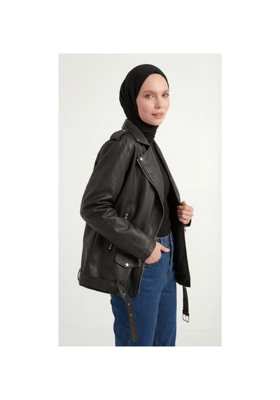 Meecy Kadın Oversize Biker Tesettür Deri Ceket Siyah Siyah