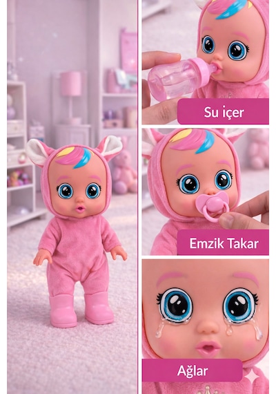 Ağlayan Ve Konuşan Et Bebek 20 Cm Su İçen Bebek Oyuncağı 3+ Yaş Açık Pembe