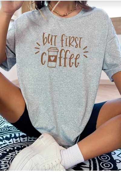 Kozia Outdoors But First Coffee Baskılı Overize Basic O Yaka T-şhirt Gri Gri