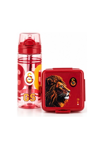 Galatasaray Lisanslı Pipetli Su Matarası + Çatallı Kaşıklı Beslenme Kutusu Kırmızı
