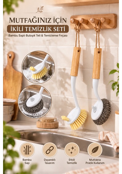 Porsima Bambu Saplı 2'li Bulaşık Ve Lavabo Temizlik Seti - Değiştirilebilir Paslanmaz Tel Bulaşık Fırçası & Çok Amaçlı Yıkama Fırçası Beyaz