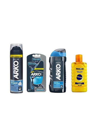 After Shave Balm Survivor 200 Ml, Arko Men T3 Pro 3 Bıçaklı Tıraş Bıçağı, Arko Men Cool Tıraş Köpüğü 200 Ml, Arko Men Cool Tıraş Kolonyası 250 Ml, Erkek Tıraş Seti