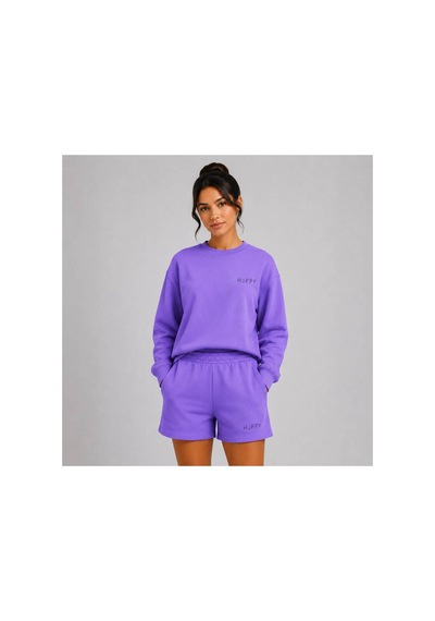 Herkesemoda Hüppy Baskılı Kadın Oversize Şortlu Sweatshirt Eşofman Takımı Mor