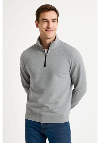 Cvs Giyim Erkek Dik Yaka Sweatshirt Dik Yaka Yarım Fermuarlı 3 İplik Şardonlu Pamuk Kumaş - Gri Gri