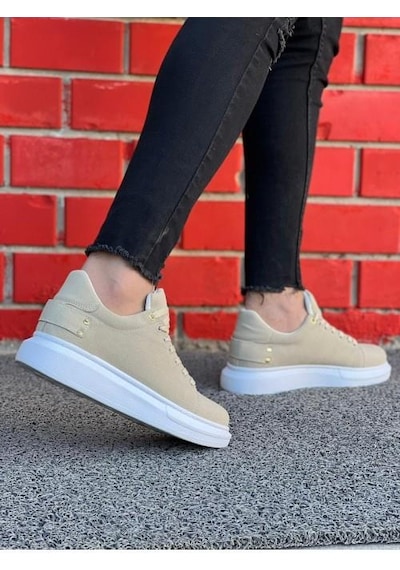 Erkek Süet Spor Günlük Ayakkabı Yüksek Kalın Taban Bağcıklı Sneaker Bej