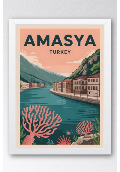 Amasya Tablo - Retro Travel Poster - Türkiye Şehir Serisi Duvar Dekoru - Çerçeve Şehir İllüstrasyonu Beyaz