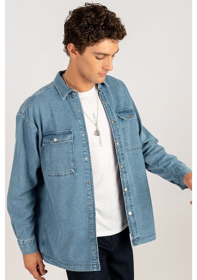 Tudors Oversıze Denim Çift Cep Kapaklı Çıtçıtlı Erkek Kot Gömlek-24982 Mavi