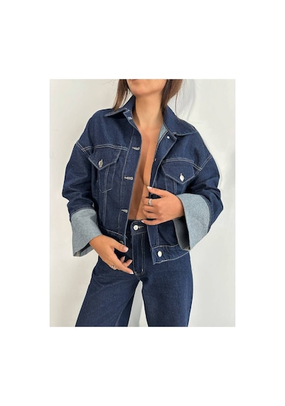 Zdnjeans W1910 Kolu Katlamalı Lacivert Crop Denim Ceket