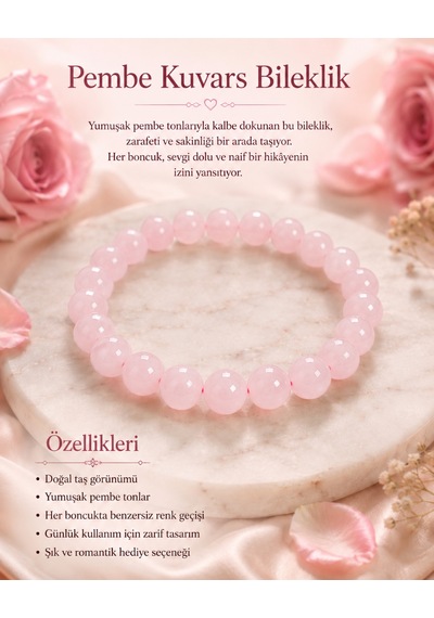 Doğal Pembe Kuvars Bileklik - Sevgi Ve Doğal Taş Enerjisi Açık Pembe