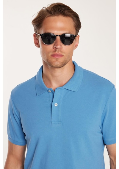 Tudors Erkek Slim Fit Dar Kesim %100 Pamuk Mavi Polo Yaka Tişört-32792 Mavi