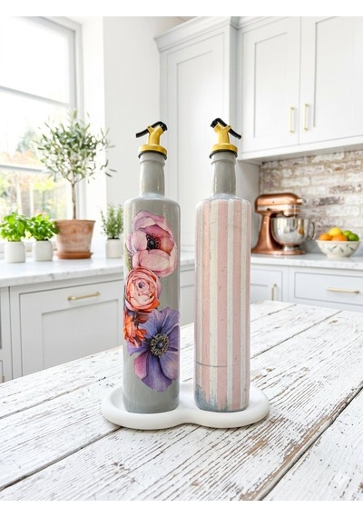 750 Ml Büyük Boy El Yapımı Cam Yağdanlık Sirkelik 2'li Set Çiçek Desenli Ve Çizgili Dekoratif Zeyt Pembe Ve Beyaz