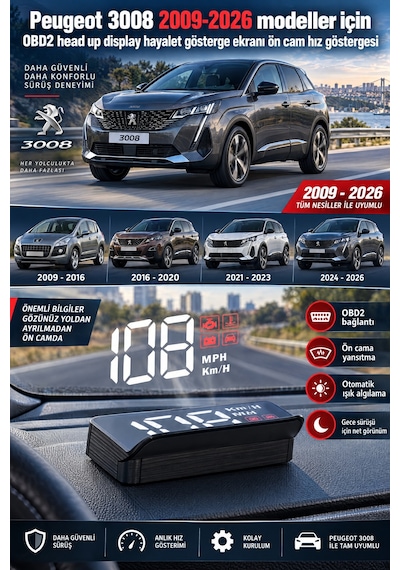 Peugeot 3008 2009-2026 Modeller İçin Obd2 Head Up Display Hayalet Gösterge Ekranı Ön Cam Hız Göstergesi