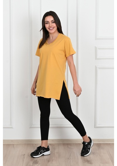 Kadın V Yaka Yırtmaçlı T-shirt 8783-22 001