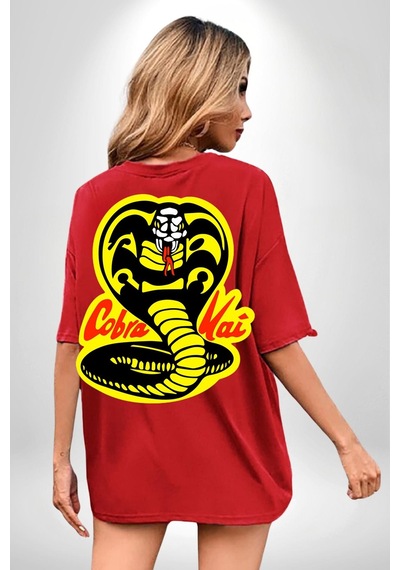 Cobra Kai Karete Çocuk Yılan Logo Dizi Kırmızı Oversize Unisex Ön Ve Sırt Baskılı Tişört Kırmızı