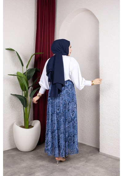 Hira Life Fashion Asimetrik Kesim Etnik Desen Astarlı Tül Tesettür Etek Mavi Mavi