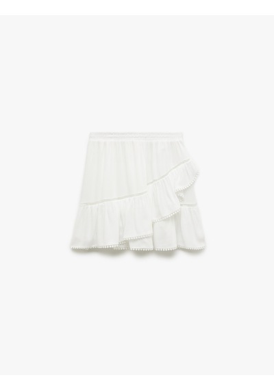 Koton Viskon Crinkle Kumaş Astarlı Katlı Fistolu Fırfırlı Mini Etek Kırık Beyaz 5sak70162ew Ekru