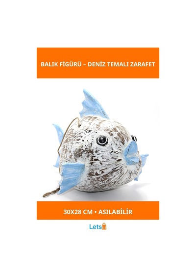 Doğal Ahşap Mavi Beyaz Deniz Temalı Asılabilir Dekoratif Balık Figürü 30x28 Cm 1 Adet