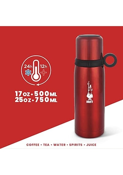 Bialetti - Termos - 460ml - Kırmızı Renk - Paslanmaz Çelik - Çift Katmanlı - 12 Saat Sıcak 24 Saat Soğuk Tutar - Bardaklı Kapak Özelliği Açık Beyaz