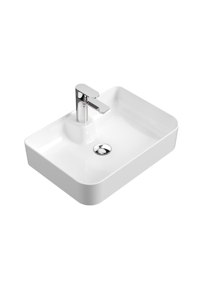 Mestola Tezgah Üstü Kare Çanak Lavabo Batarya Delikli 50 X 35 Cm Beyaz