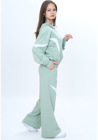Kız Çocuk %100 Pamuk Garnili Kapüşonlu Fermuarlı Oversize Alt&üst Trend Eşofman Takımı-315-eşt-0003 Su Yeşili