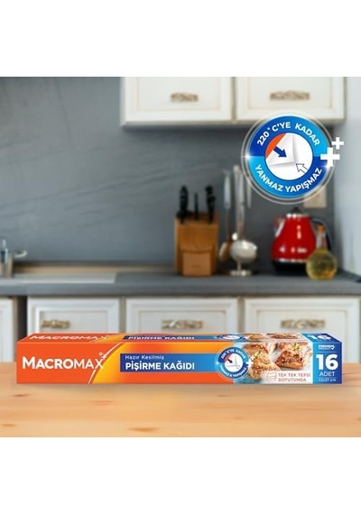 Macro Max Hazır Kesilmiş Yağlı Pişirme Kağıdı 16 Adet, Standart Fırın Tepsisi Boyutu 42x37 Cm