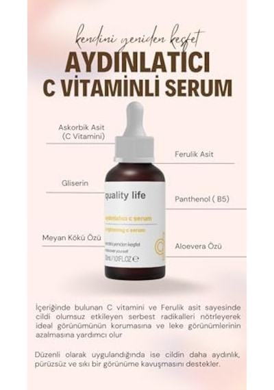 Life C Vitamini Aydınlatıcı Cilt Tonu Eşitleyici Canlandırıcı Bakım Serumu Ascorbic Asit %10 C Serum