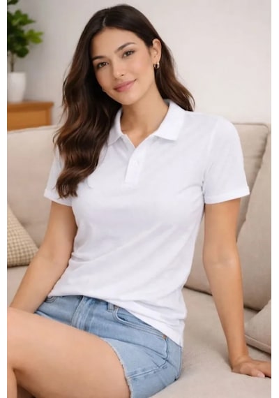Efnaz Style Polo Yaka Pike Kumaş Düğmeli Basic Tişört T-shirt Günlük Rahat - Beyaz