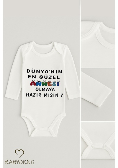 Babyden's Dünyanın En Güzel Annesi Olmaya Hazır Mısın Yazılı Uzun Kollu Bebek Body Zıbın %100 Pamuklu Çıtçıtlı Beyaz