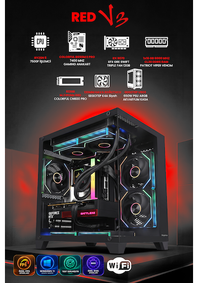 Gamers Arena RED V3 R5-7500F 16 GB 512 GB M2 SSD RX9070 Gre Free Dos Masaüstü Oyuncu Bilgisayarı