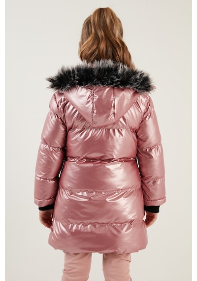 Lela Peluş Astarlı Yakası Suni Kürklü Çıkarılabilir Kapüşonlu Kışlık Kız Çocuk Mont 5761908 Pembe