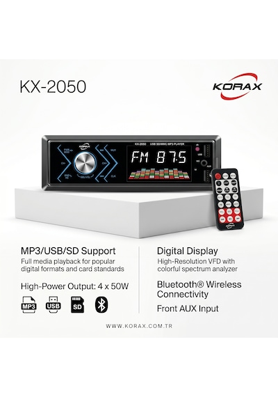 Korax Kx-2050 Spektrum Ekranlı Bluetooth Oto Teyp Mosfet 4x50w Ses Çıkışı Single-dın Mp3 Çalar