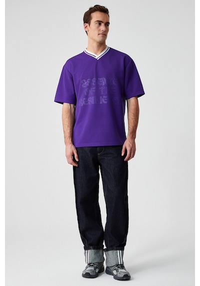 Grimelange PAMPA Erkek Baskı Detaylı Relaxed V Yaka Kısa Kol Mor T-Shirt
