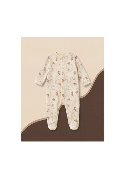 Minory Baby - Patikli Bebek Tulumu Full Ayıcık Motifli Bej Bej