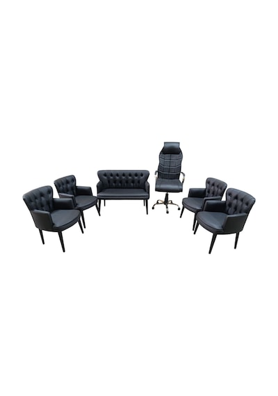 Garden House 6 Kişilik Pera Siyah Deri Ofis Koltuk Takımı Ofis, Bekleme - 2+1+1+1+1+makam Koltuğu Siyah