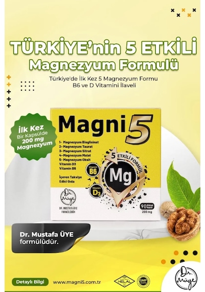 Magni5 Magnezyum 5 Etkili Form 3 Aylık 90 Kapsül B6 D3 Vitamini Magni5 Bisglisinat Malat Taurat Sitrat Oksit 3'lü