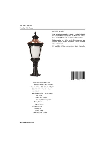 Avonnı Bsu-68026-bsy-kop Kahverengi/siyah Elektrostatik Toz Boyalı Dış Mekan Aydınlatma, E27, Aluminyum, Polikarbon Cam, 30cm Sku: Smgstk25bca28f61